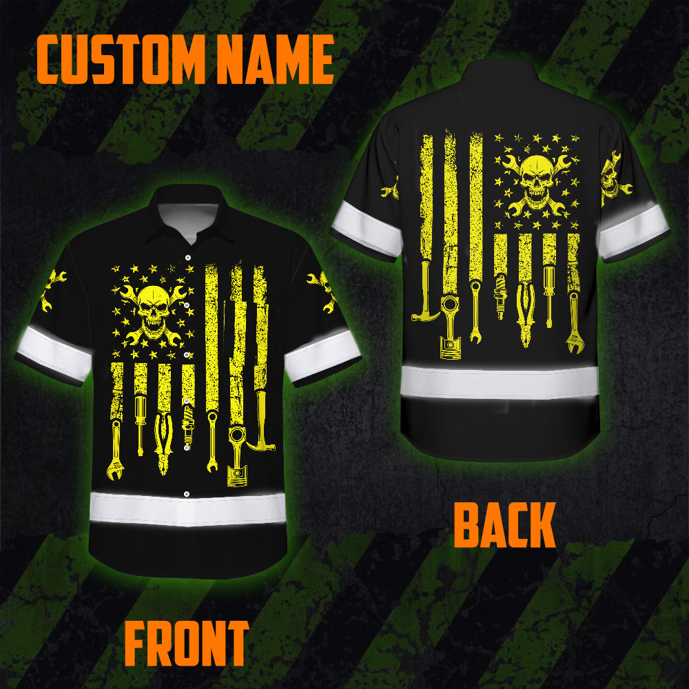 Hi Vis Hawaiian Shirt Reflective Tapes Yellow US Flag Mechanic Custom Name Safety Workwear For Mechanists, Workers, Truckers, Operators
