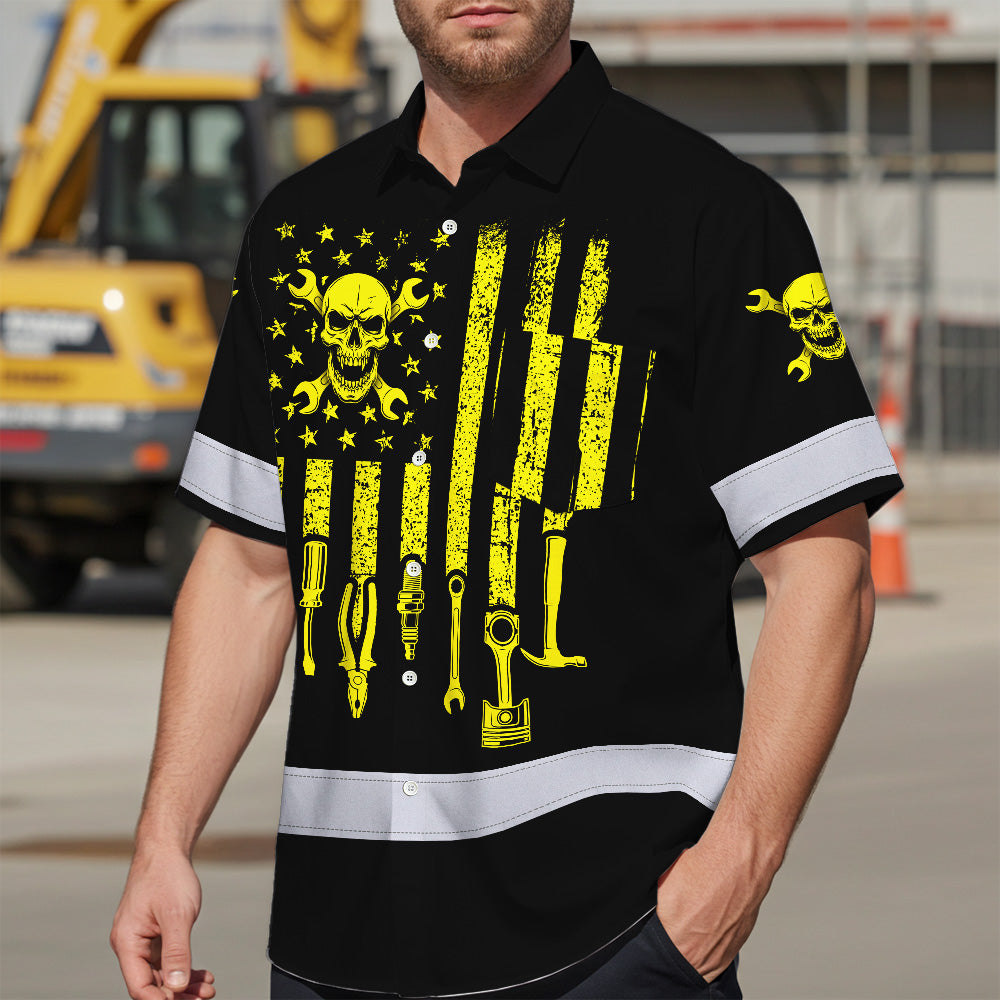 Hi Vis Hawaiian Shirt Reflective Tapes Yellow US Flag Mechanic Custom Name Safety Workwear For Mechanists, Workers, Truckers, Operators