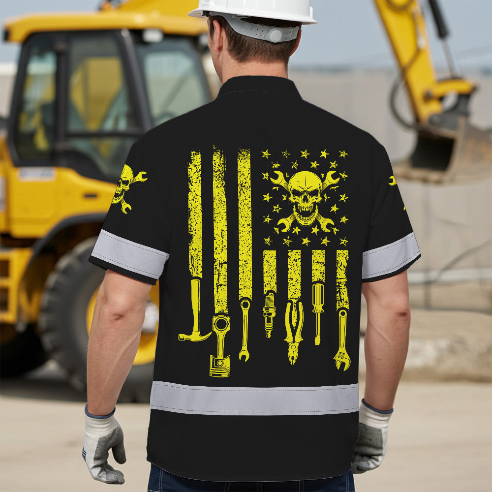Hi Vis Hawaiian Shirt Reflective Tapes Yellow US Flag Mechanic Custom Name Safety Workwear For Mechanists, Workers, Truckers, Operators