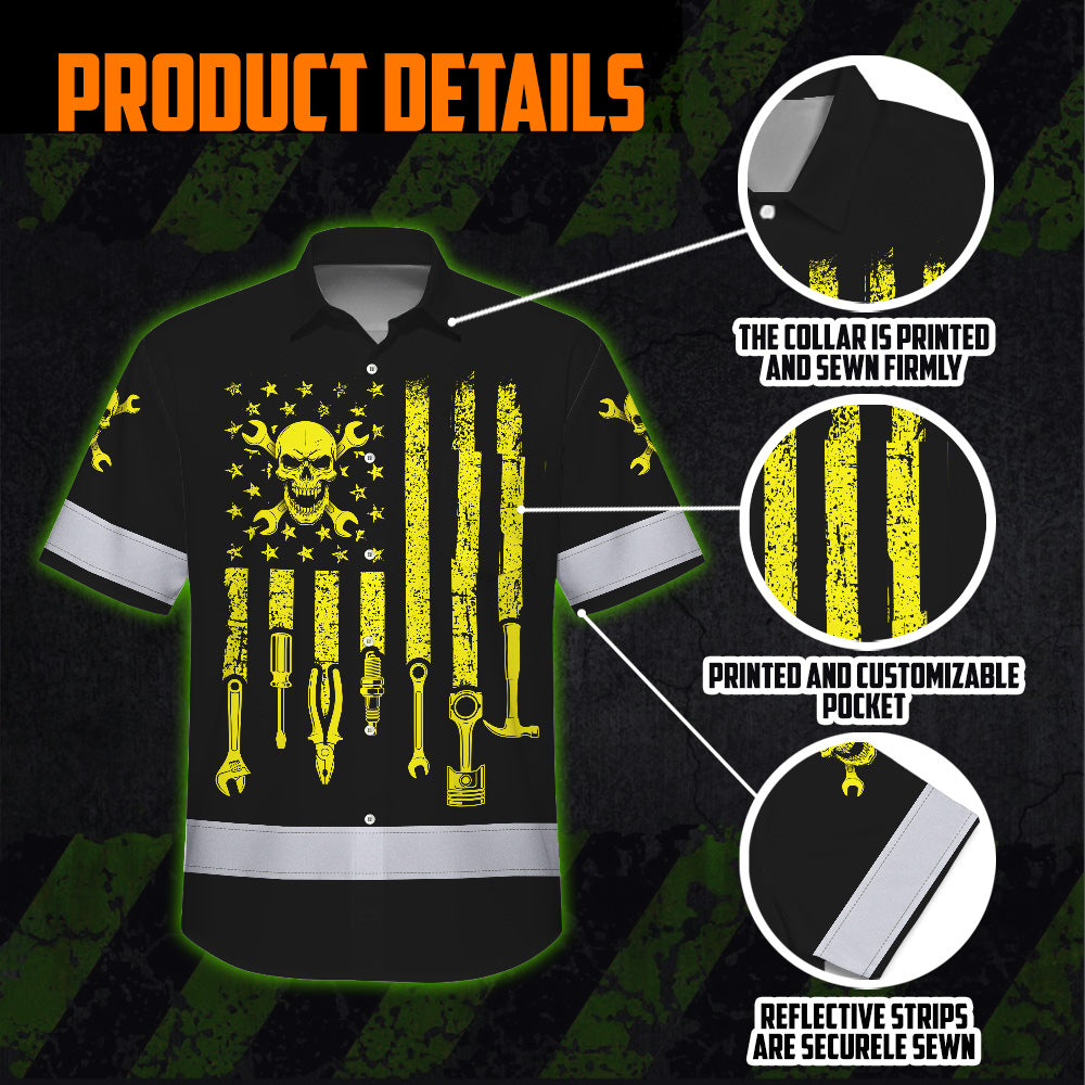 Hi Vis Hawaiian Shirt Reflective Tapes Yellow US Flag Mechanic Custom Name Safety Workwear For Mechanists, Workers, Truckers, Operators