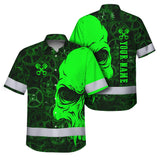 Hi Vis Hawaiian Shirt Reflective Tapes Green Neon Skull Mechanic Custom Name Safety Workwear For Mechanists, Workers, Truckers, Operators