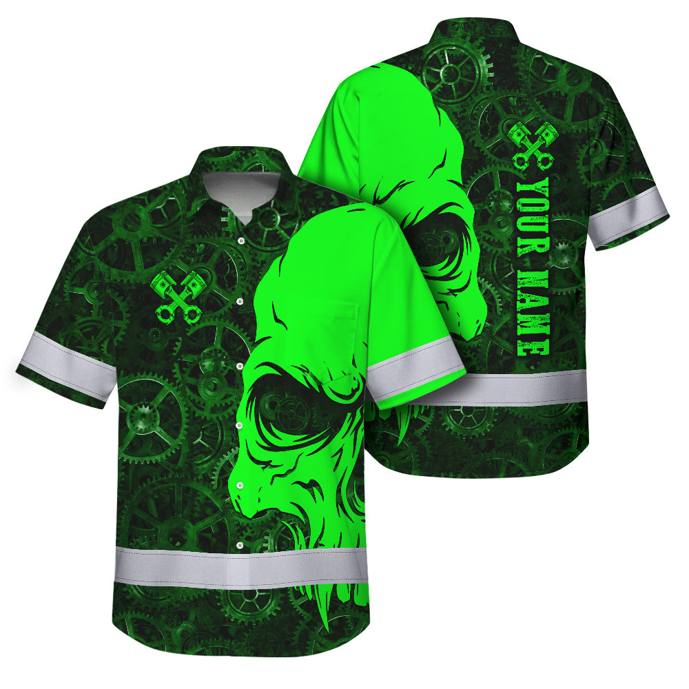 Hi Vis Hawaiian Shirt Reflective Tapes Green Neon Skull Mechanic Custom Name Safety Workwear For Mechanists, Workers, Truckers, Operators