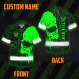 Hi Vis Hawaiian Shirt Reflective Tapes Green Neon Skull Mechanic Custom Name Safety Workwear For Mechanists, Workers, Truckers, Operators