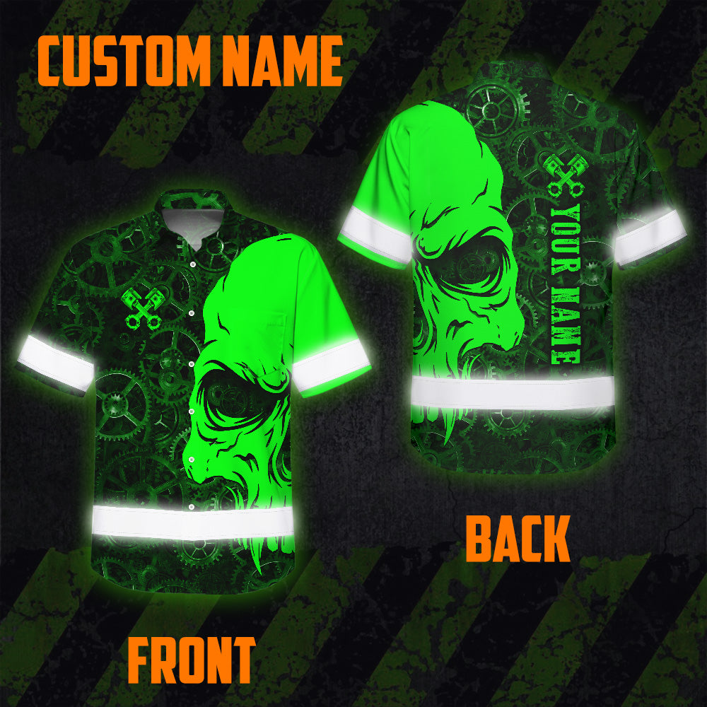 Hi Vis Hawaiian Shirt Reflective Tapes Green Neon Skull Mechanic Custom Name Safety Workwear For Mechanists, Workers, Truckers, Operators
