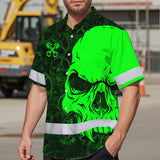 Hi Vis Hawaiian Shirt Reflective Tapes Green Neon Skull Mechanic Custom Name Safety Workwear For Mechanists, Workers, Truckers, Operators