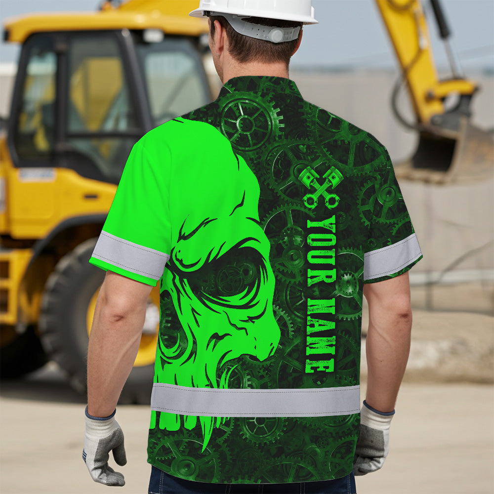 Hi Vis Hawaiian Shirt Reflective Tapes Green Neon Skull Mechanic Custom Name Safety Workwear For Mechanists, Workers, Truckers, Operators