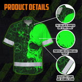 Hi Vis Hawaiian Shirt Reflective Tapes Green Neon Skull Mechanic Custom Name Safety Workwear For Mechanists, Workers, Truckers, Operators