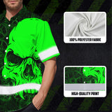Hi Vis Hawaiian Shirt Reflective Tapes Green Neon Skull Mechanic Custom Name Safety Workwear For Mechanists, Workers, Truckers, Operators