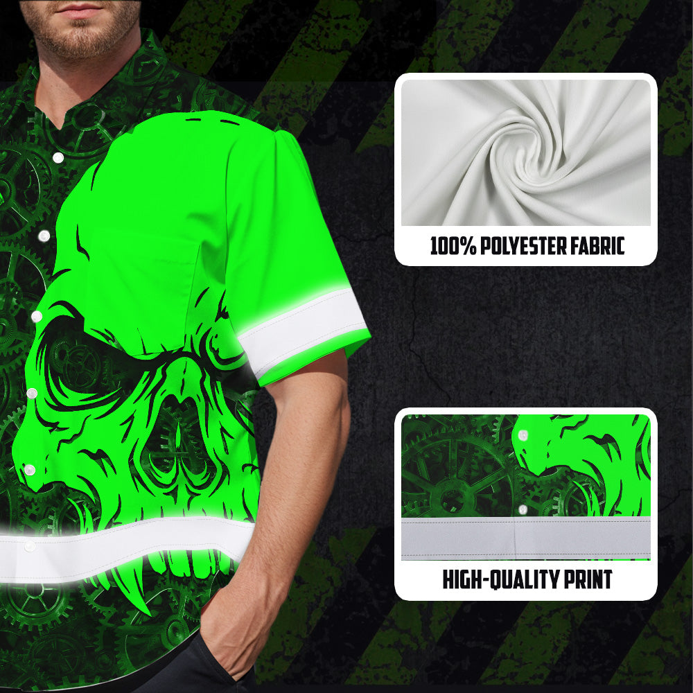 Hi Vis Hawaiian Shirt Reflective Tapes Green Neon Skull Mechanic Custom Name Safety Workwear For Mechanists, Workers, Truckers, Operators