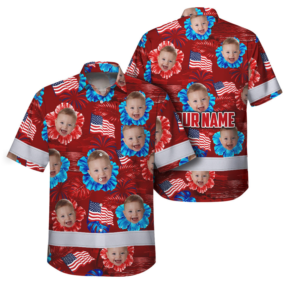 Hi Vis Hawaiian Shirt Reflective Tapes US Flag Red Custom Name And Image Safety Workwear For Workers, Truckers, Operators, Independence