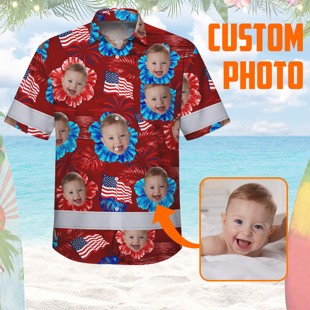 Hi Vis Hawaiian Shirt Reflective Tapes US Flag Red Custom Name And Image Safety Workwear For Workers, Truckers, Operators, Independence