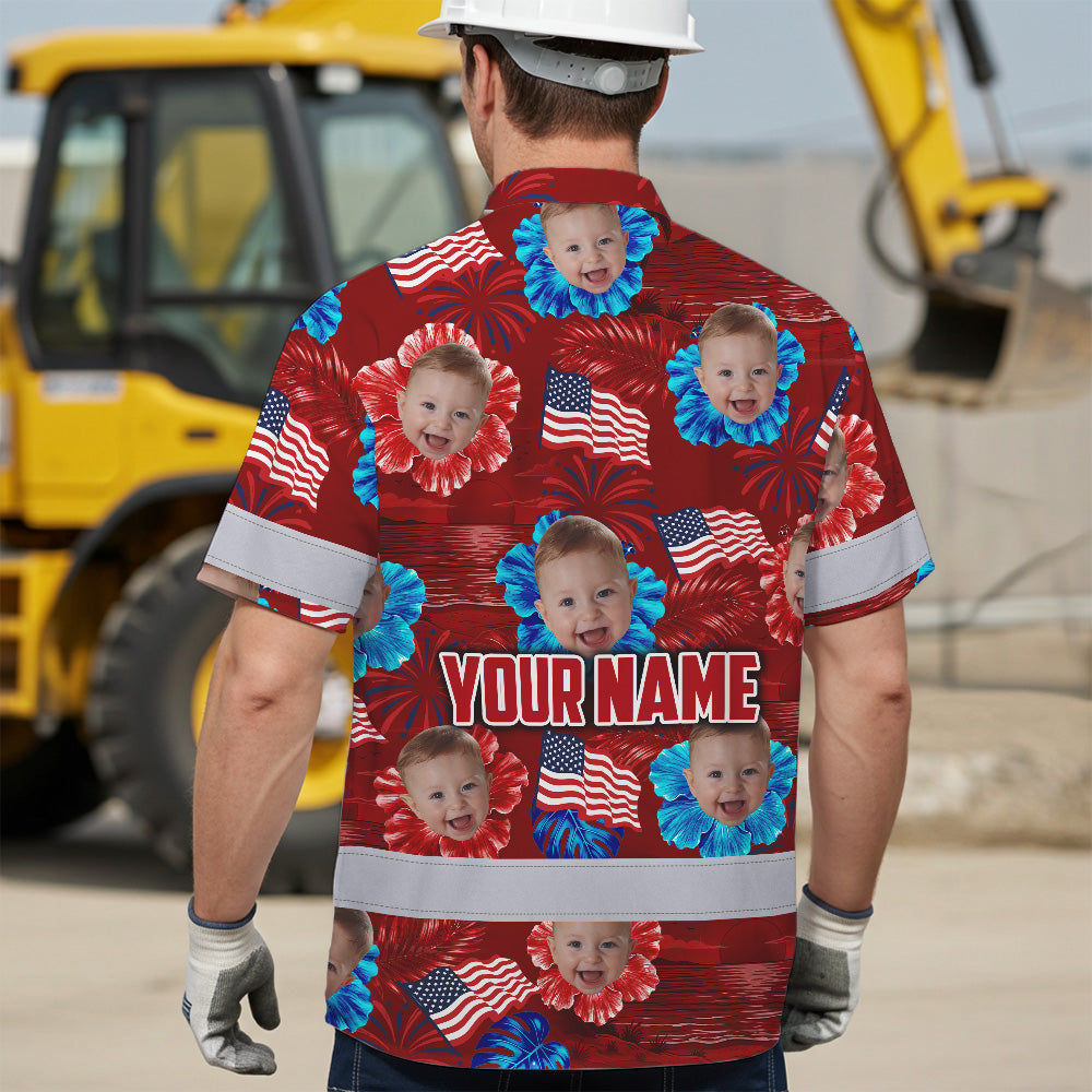 Hi Vis Hawaiian Shirt Reflective Tapes US Flag Red Custom Name And Image Safety Workwear For Workers, Truckers, Operators, Independence