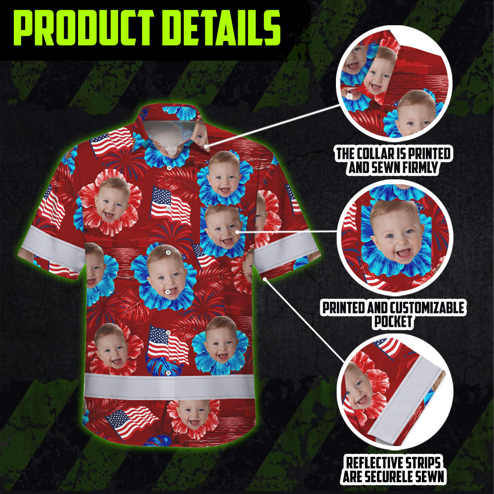 Hi Vis Hawaiian Shirt Reflective Tapes US Flag Red Custom Name And Image Safety Workwear For Workers, Truckers, Operators, Independence