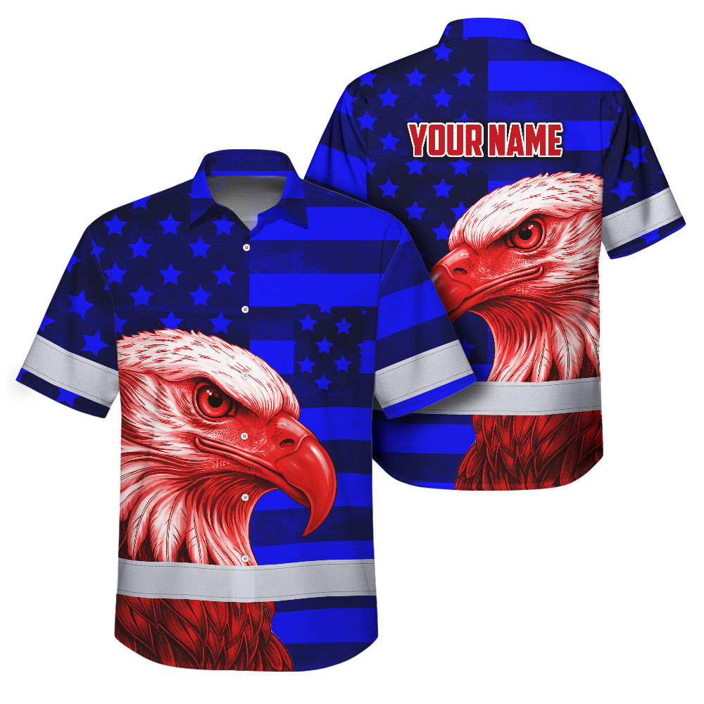Hi Vis Hawaiian Shirt Reflective Tapes US Flag Eagle Custom Name Safety Workwear For Workers, Truckers, Operators, Independence