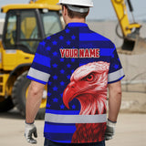 Hi Vis Hawaiian Shirt Reflective Tapes US Flag Eagle Custom Name Safety Workwear For Workers, Truckers, Operators, Independence