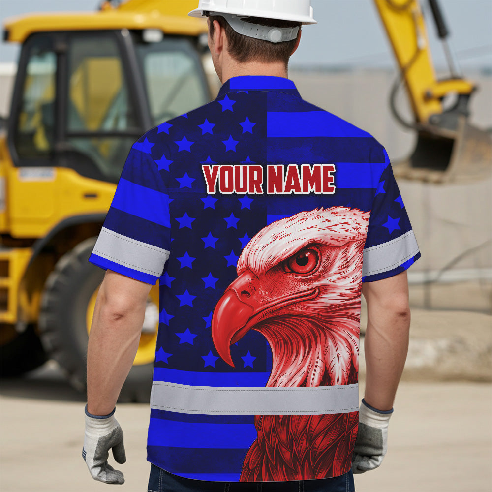 Hi Vis Hawaiian Shirt Reflective Tapes US Flag Eagle Custom Name Safety Workwear For Workers, Truckers, Operators, Independence