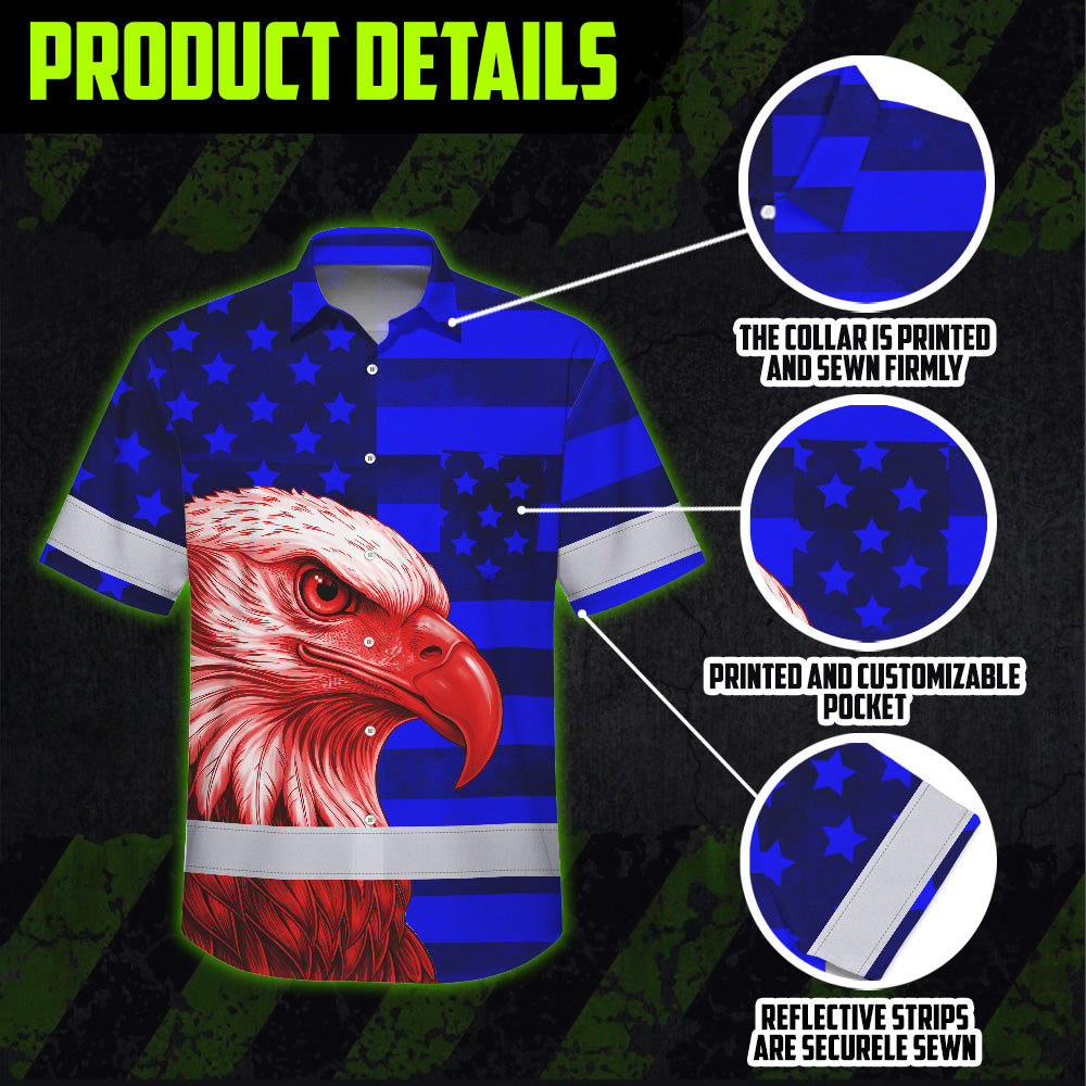 Hi Vis Hawaiian Shirt Reflective Tapes US Flag Eagle Custom Name Safety Workwear For Workers, Truckers, Operators, Independence