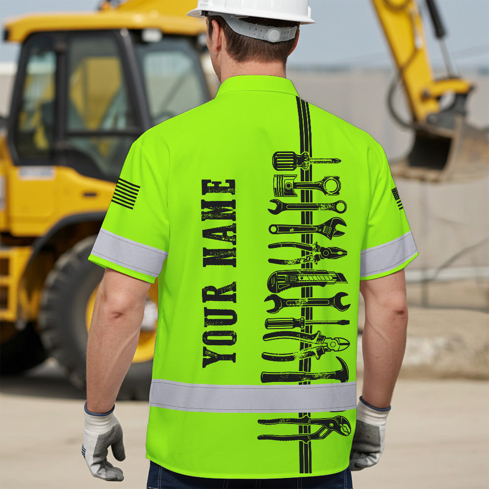 Hi Vis Hawaiian Shirt Reflective Tapes Lime Neon Mechanic Custom Name Safety Workwear For Mechanists, Workers, Truckers, Operators