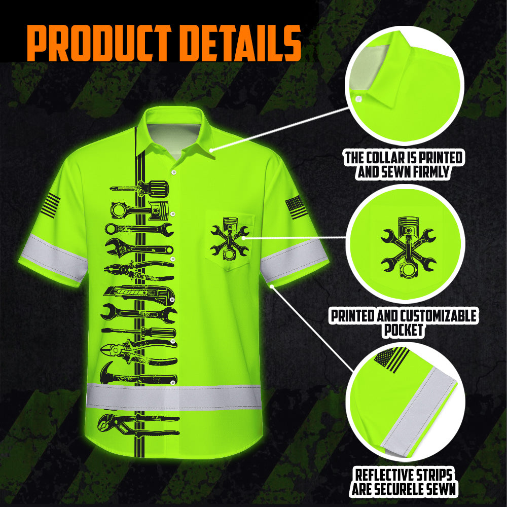 Hi Vis Hawaiian Shirt Reflective Tapes Lime Neon Mechanic Custom Name Safety Workwear For Mechanists, Workers, Truckers, Operators