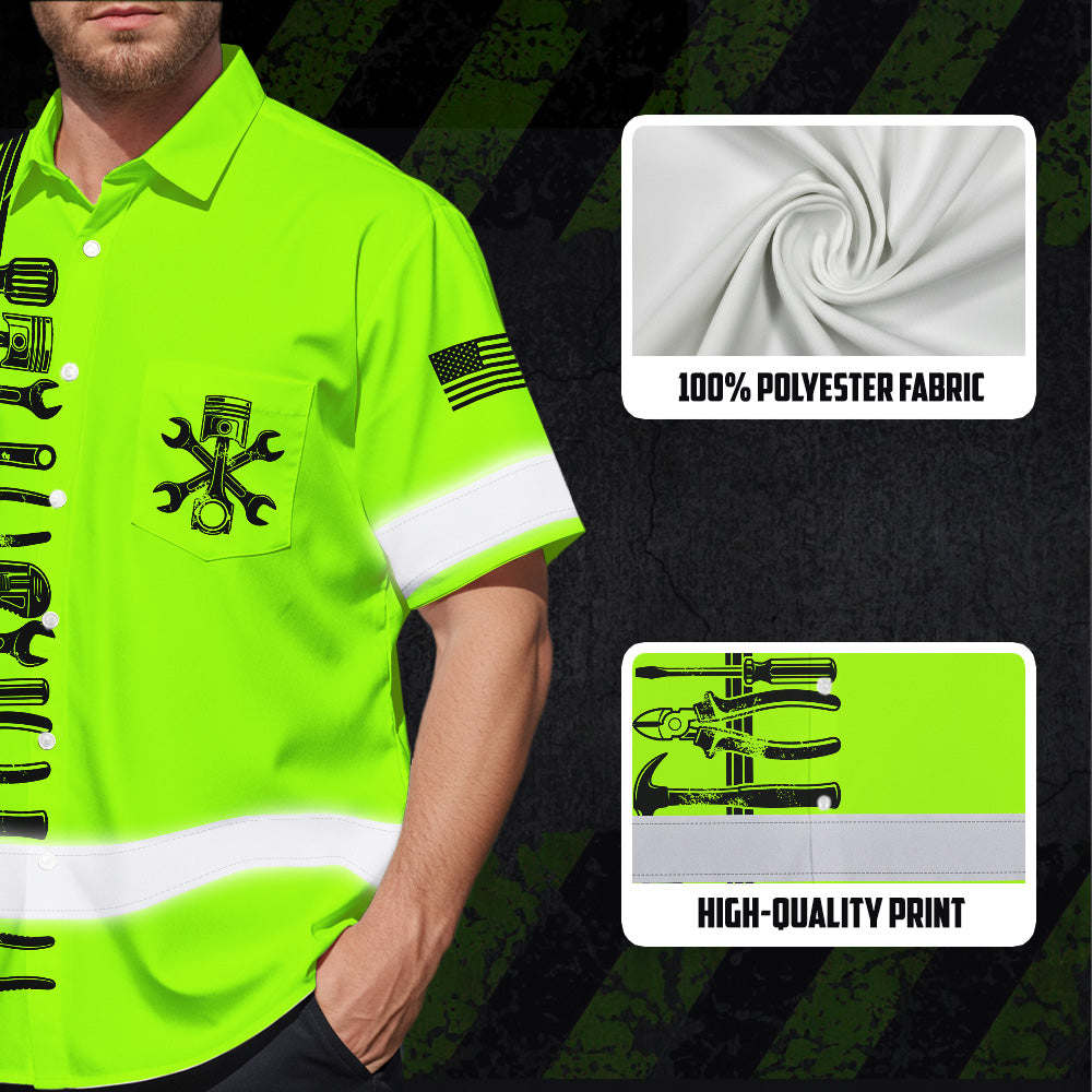 Hi Vis Hawaiian Shirt Reflective Tapes Lime Neon Mechanic Custom Name Safety Workwear For Mechanists, Workers, Truckers, Operators