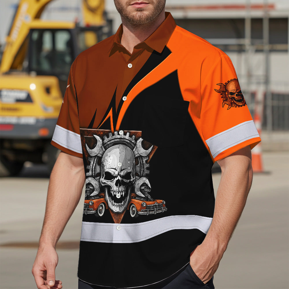 Hi Vis Hawaiian Shirt Reflective Tapes Orange Neon Mechanic 2 Custom Name Safety Workwear For Mechanists, Workers, Truckers, Operators