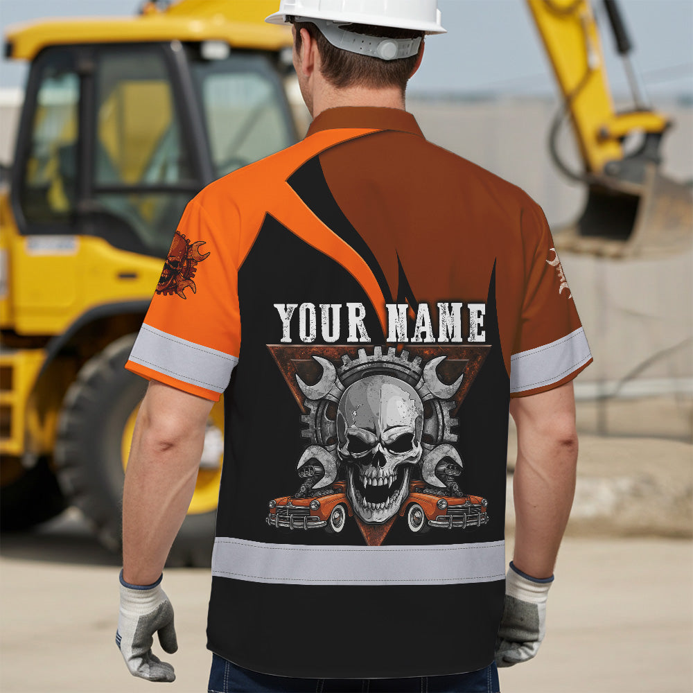 Hi Vis Hawaiian Shirt Reflective Tapes Orange Neon Mechanic 2 Custom Name Safety Workwear For Mechanists, Workers, Truckers, Operators