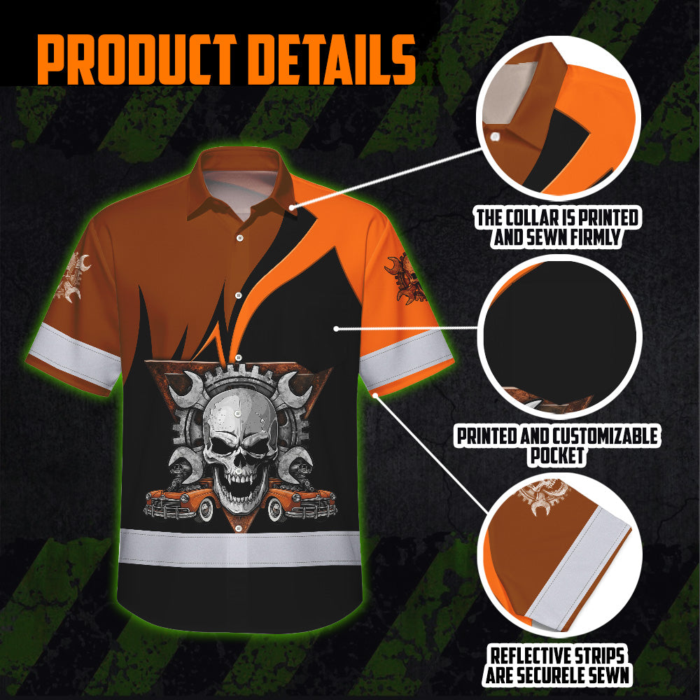 Hi Vis Hawaiian Shirt Reflective Tapes Orange Neon Mechanic 2 Custom Name Safety Workwear For Mechanists, Workers, Truckers, Operators