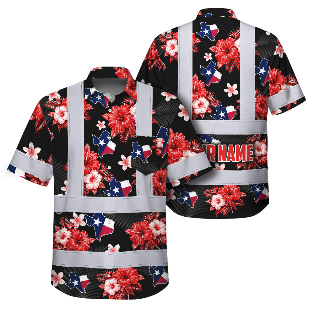 Hi Vis Hawaiian Shirt Reflective Tapes Texas Custom Name Safety Workwear For Cowboy, Mechanics, Workers, Truckers, Operators