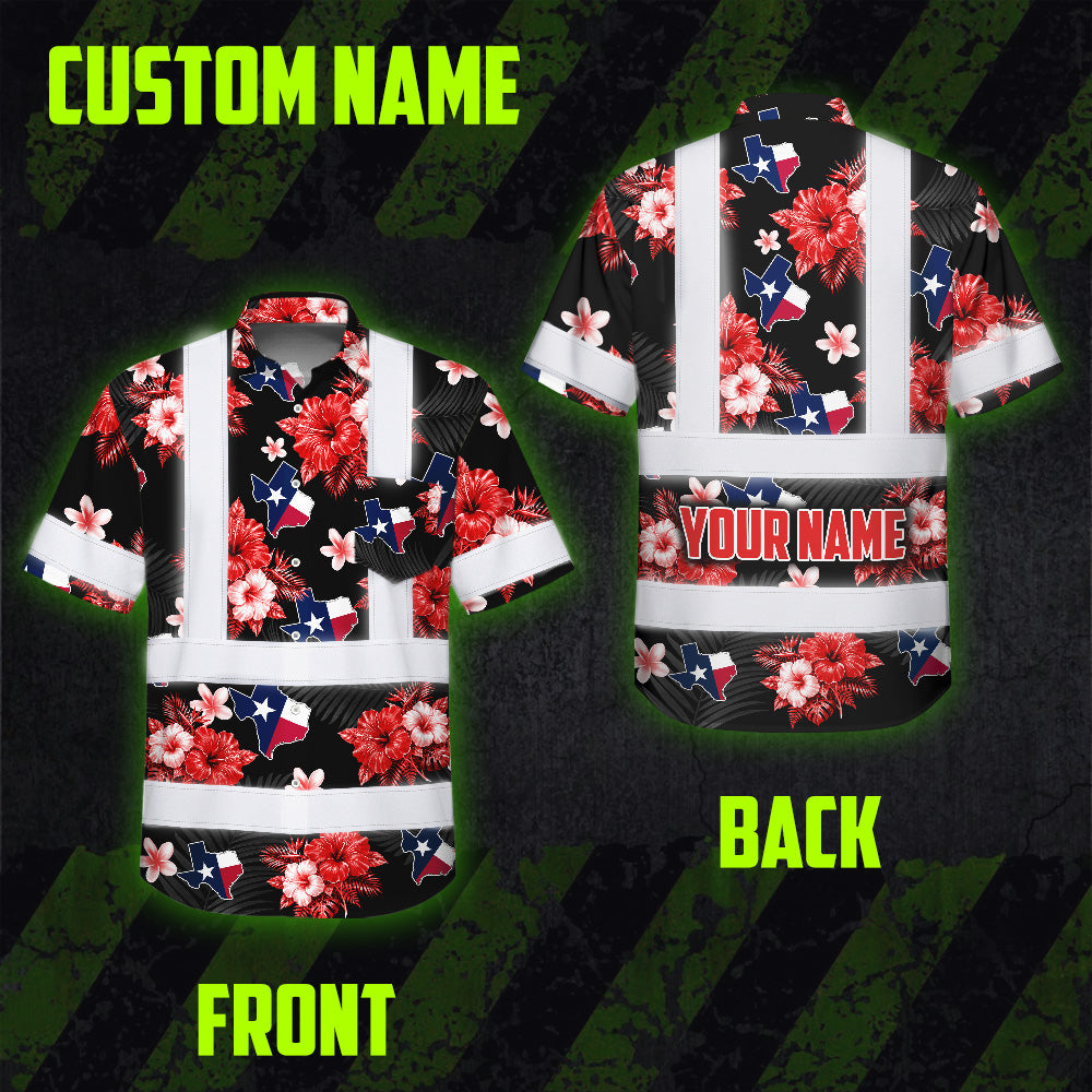 Hi Vis Hawaiian Shirt Reflective Tapes Texas Custom Name Safety Workwear For Cowboy, Mechanics, Workers, Truckers, Operators