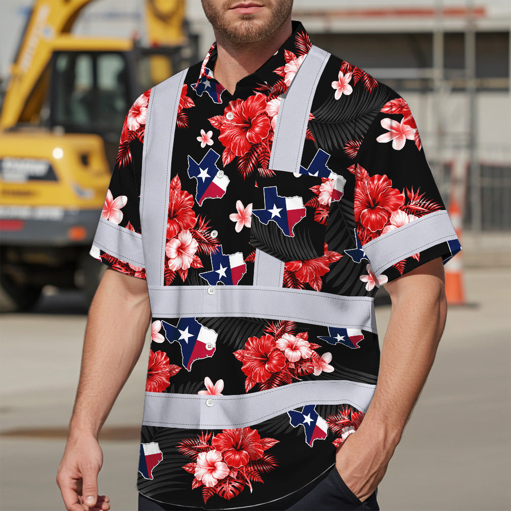 Hi Vis Hawaiian Shirt Reflective Tapes Texas Custom Name Safety Workwear For Cowboy, Mechanics, Workers, Truckers, Operators