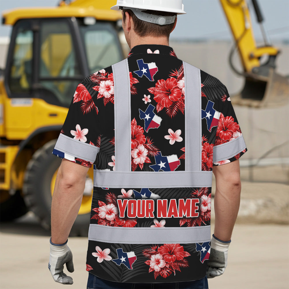 Hi Vis Hawaiian Shirt Reflective Tapes Texas Custom Name Safety Workwear For Cowboy, Mechanics, Workers, Truckers, Operators