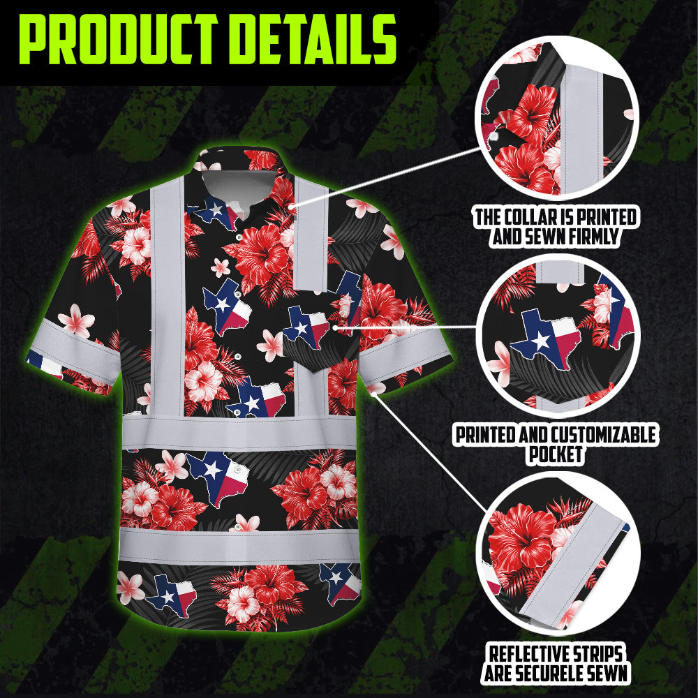 Hi Vis Hawaiian Shirt Reflective Tapes Texas Custom Name Safety Workwear For Cowboy, Mechanics, Workers, Truckers, Operators