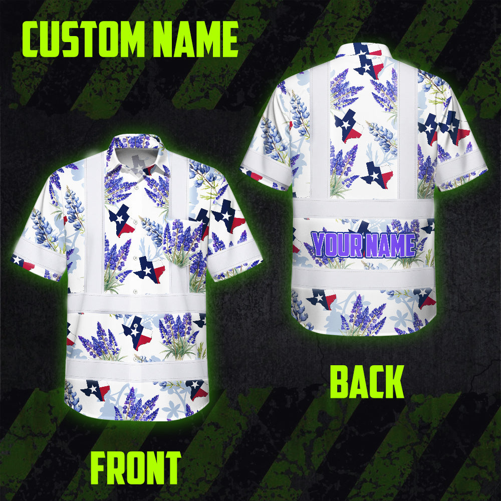 Hi Vis Hawaiian Shirt Reflective Tapes Texas 2 Custom Name Safety Workwear For Cowboy, Mechanics, Workers, Truckers, Operators