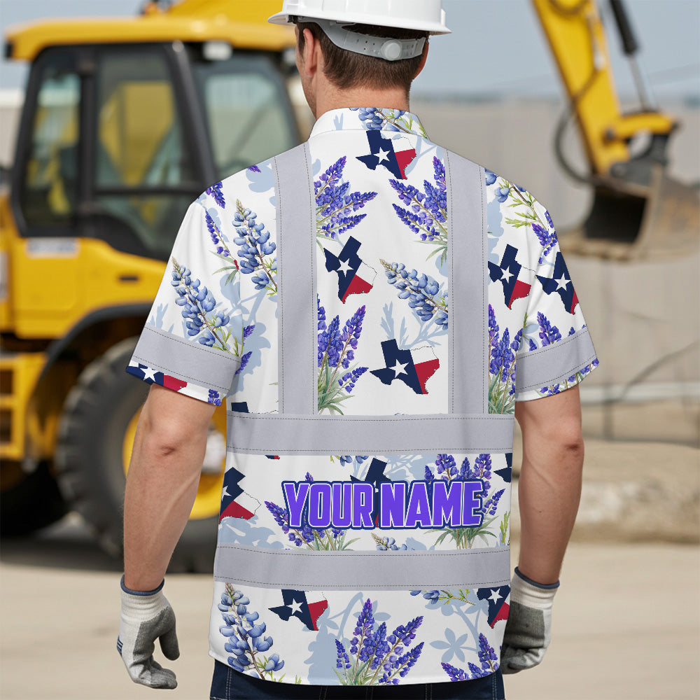 Hi Vis Hawaiian Shirt Reflective Tapes Texas 2 Custom Name Safety Workwear For Cowboy, Mechanics, Workers, Truckers, Operators