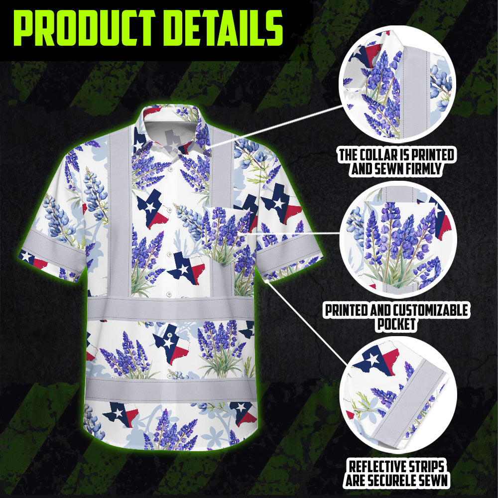 Hi Vis Hawaiian Shirt Reflective Tapes Texas 2 Custom Name Safety Workwear For Cowboy, Mechanics, Workers, Truckers, Operators