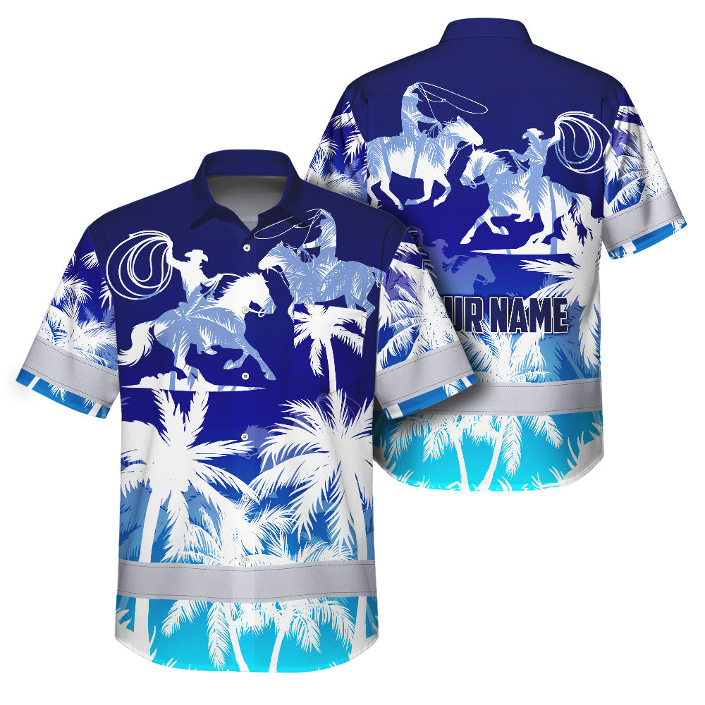 Hi Vis Hawaiian Shirt Reflective Tapes Gradient Blue Cowboy Custom Name Safety Workwear For Mechanics, Workers, Truckers, Operators