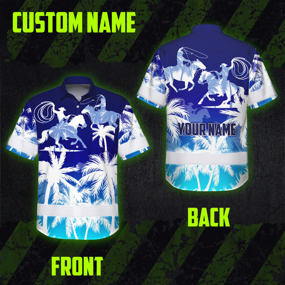 Hi Vis Hawaiian Shirt Reflective Tapes Gradient Blue Cowboy Custom Name Safety Workwear For Mechanics, Workers, Truckers, Operators