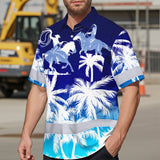 Hi Vis Hawaiian Shirt Reflective Tapes Gradient Blue Cowboy Custom Name Safety Workwear For Mechanics, Workers, Truckers, Operators