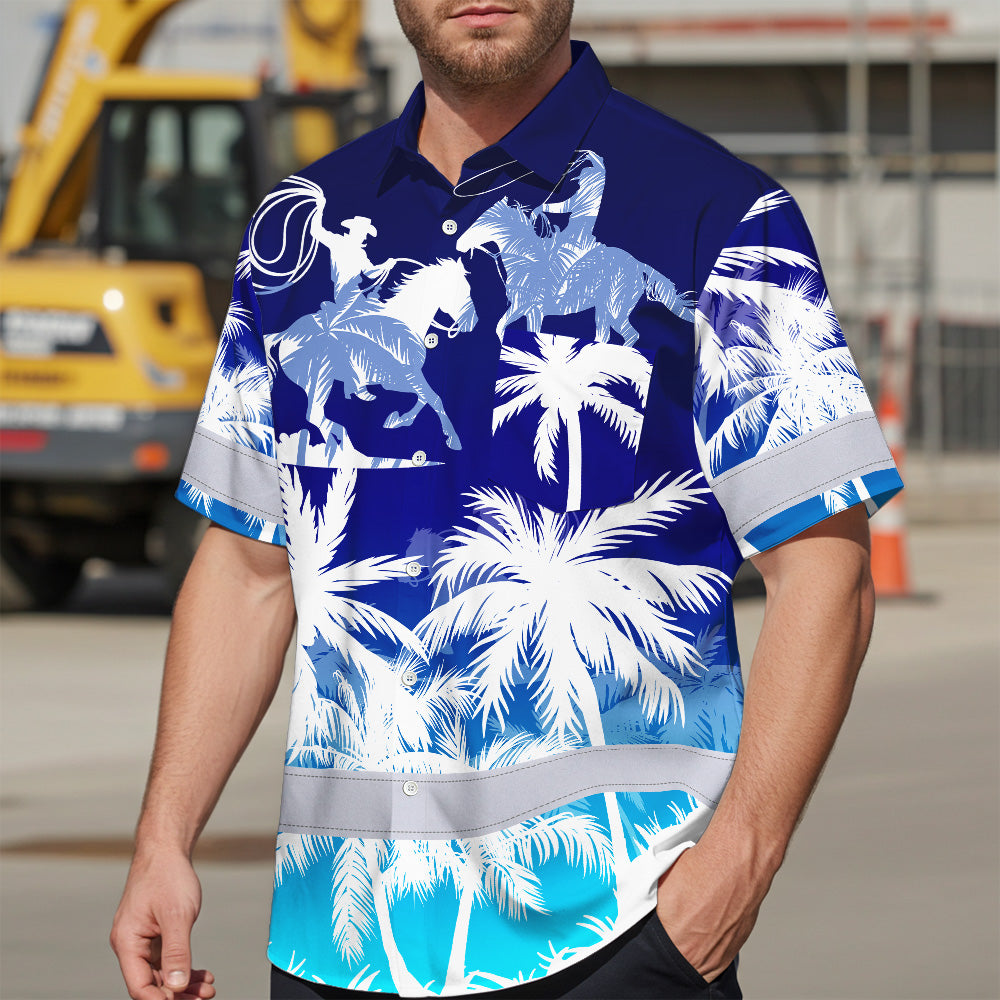 Hi Vis Hawaiian Shirt Reflective Tapes Gradient Blue Cowboy Custom Name Safety Workwear For Mechanics, Workers, Truckers, Operators