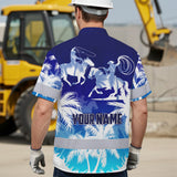 Hi Vis Hawaiian Shirt Reflective Tapes Gradient Blue Cowboy Custom Name Safety Workwear For Mechanics, Workers, Truckers, Operators