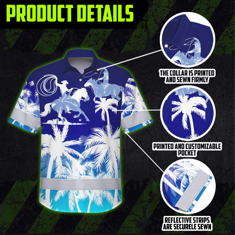 Hi Vis Hawaiian Shirt Reflective Tapes Gradient Blue Cowboy Custom Name Safety Workwear For Mechanics, Workers, Truckers, Operators