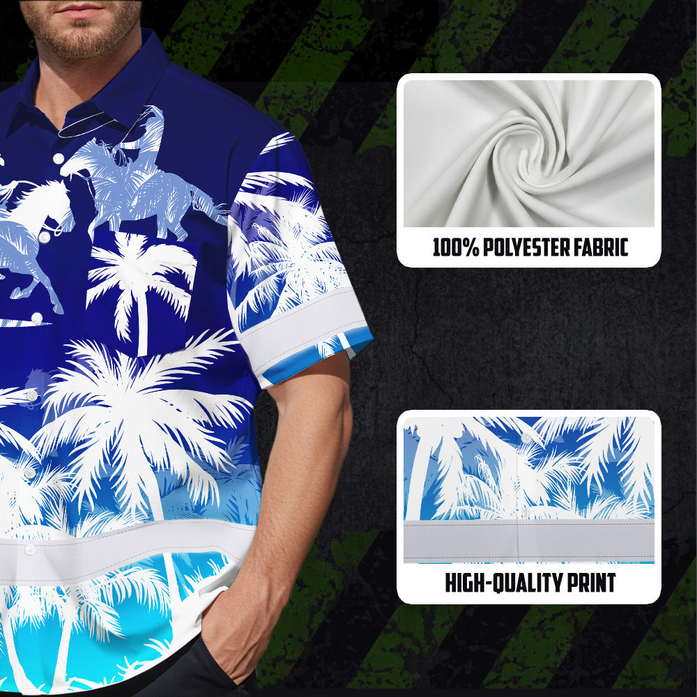 Hi Vis Hawaiian Shirt Reflective Tapes Gradient Blue Cowboy Custom Name Safety Workwear For Mechanics, Workers, Truckers, Operators