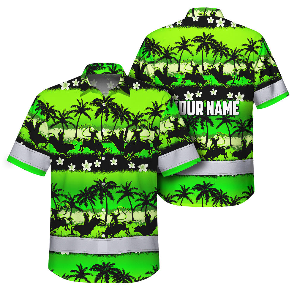 Hi Vis Hawaiian Shirt Reflective Tapes Gradient Green Cowboy Custom Name Safety Workwear For Mechanics, Workers, Truckers, Operators