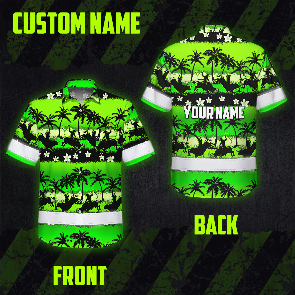 Hi Vis Hawaiian Shirt Reflective Tapes Gradient Green Cowboy Custom Name Safety Workwear For Mechanics, Workers, Truckers, Operators