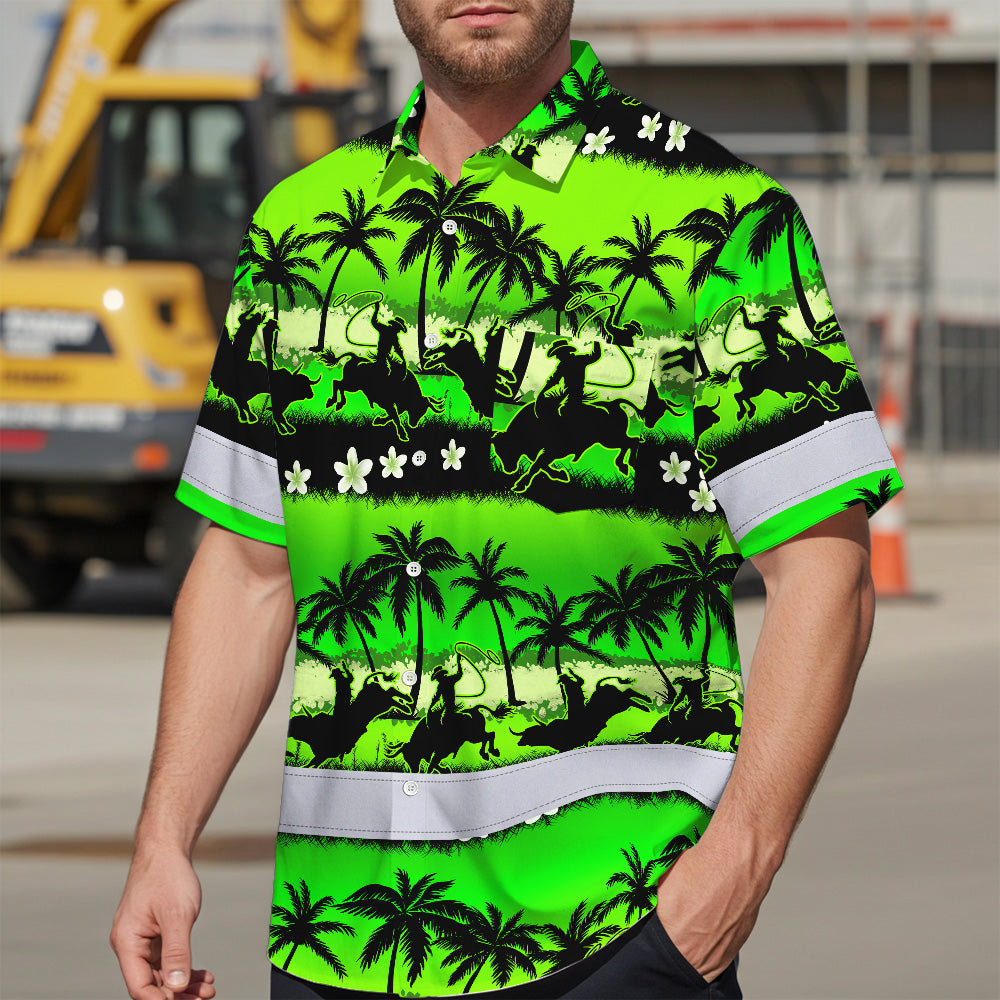 Hi Vis Hawaiian Shirt Reflective Tapes Gradient Green Cowboy Custom Name Safety Workwear For Mechanics, Workers, Truckers, Operators
