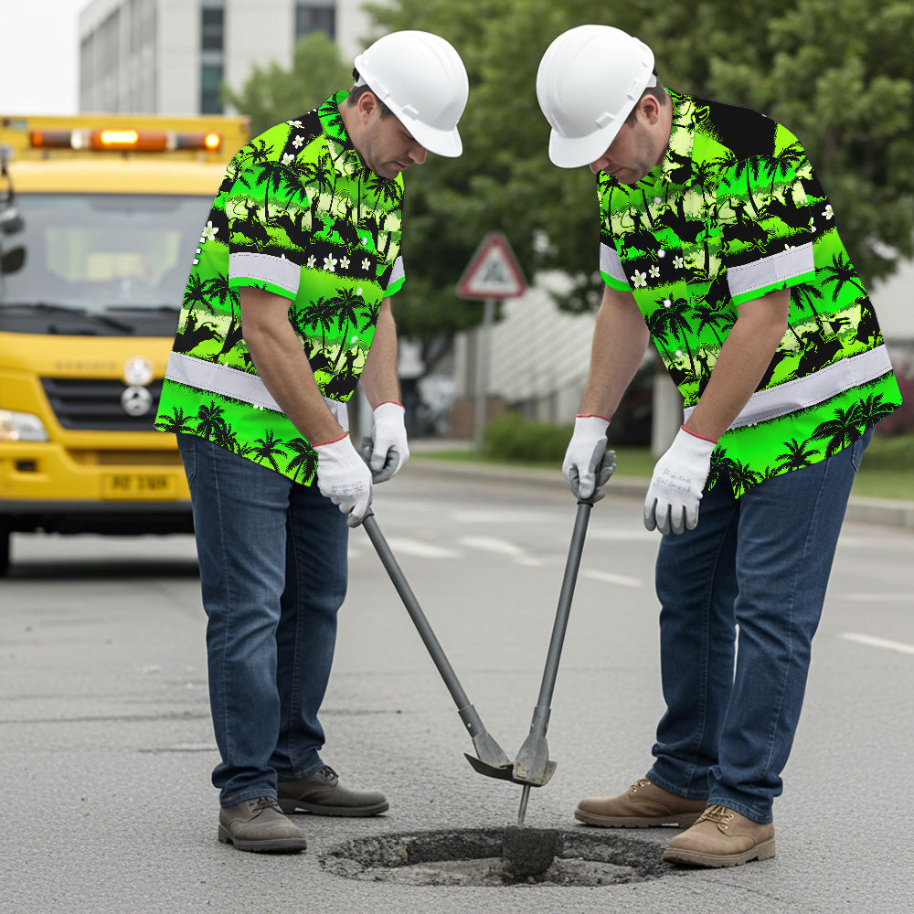 Hi Vis Hawaiian Shirt Reflective Tapes Gradient Green Cowboy Custom Name Safety Workwear For Mechanics, Workers, Truckers, Operators