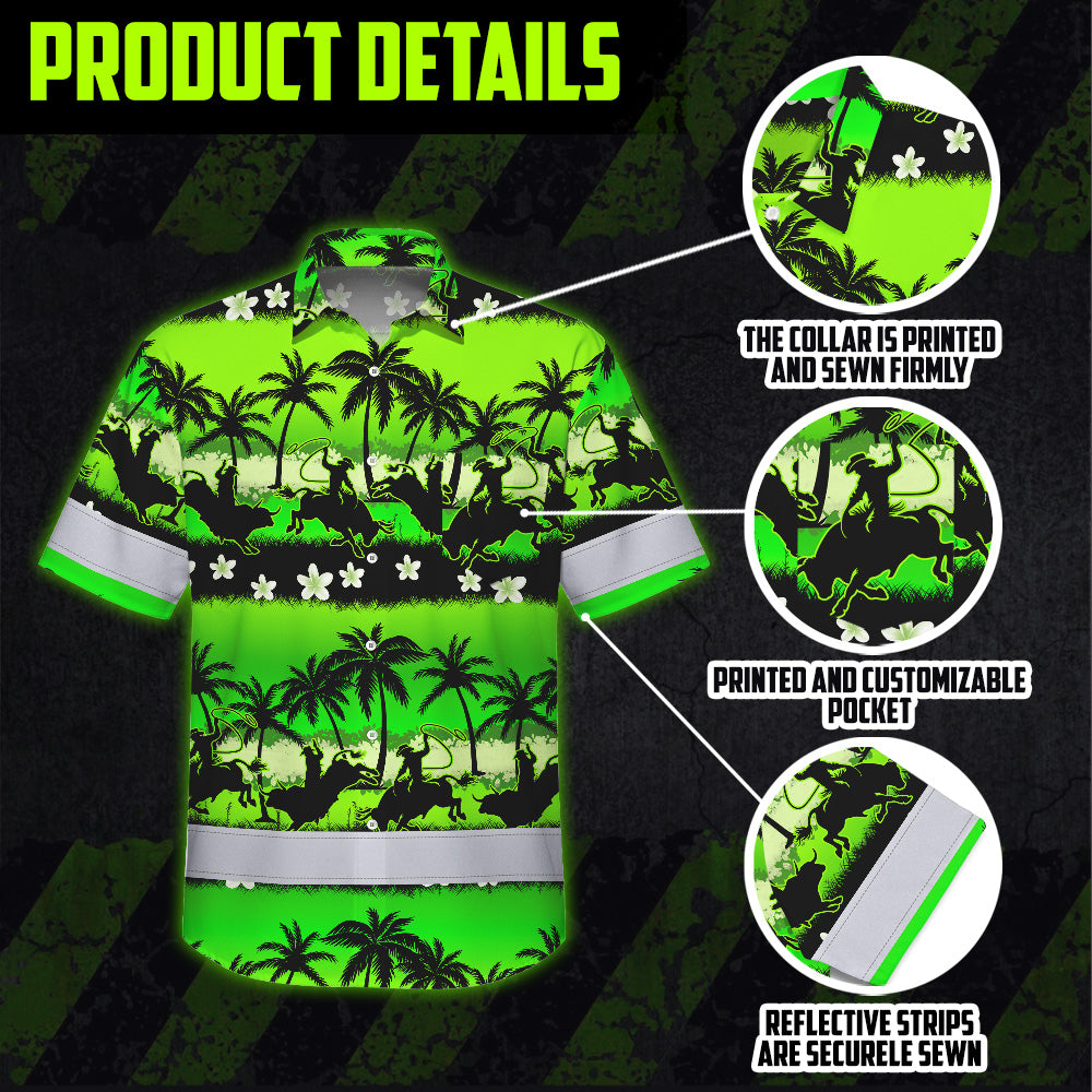 Hi Vis Hawaiian Shirt Reflective Tapes Gradient Green Cowboy Custom Name Safety Workwear For Mechanics, Workers, Truckers, Operators
