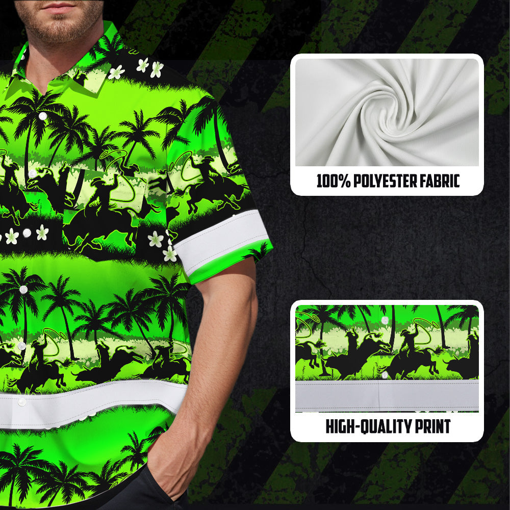 Hi Vis Hawaiian Shirt Reflective Tapes Gradient Green Cowboy Custom Name Safety Workwear For Mechanics, Workers, Truckers, Operators