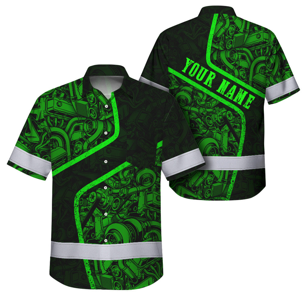 Hi Vis Hawaiian Shirt Reflective Tapes Green Neon Mechanic 2 Custom Name Safety Workwear For Mechanists, Workers, Truckers, Operators