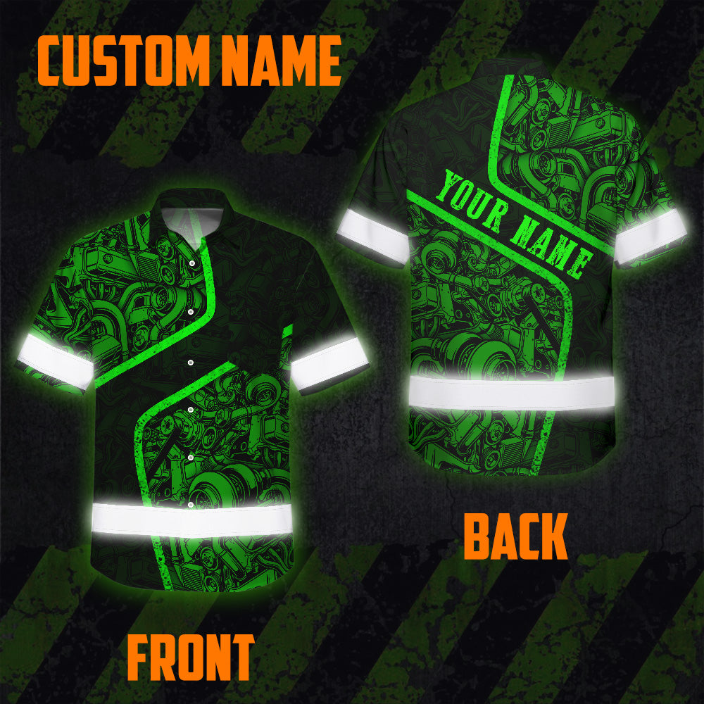 Hi Vis Hawaiian Shirt Reflective Tapes Green Neon Mechanic 2 Custom Name Safety Workwear For Mechanists, Workers, Truckers, Operators